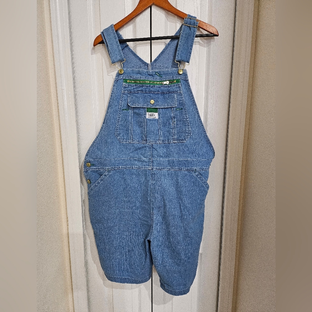 VINTAGE Liberty Blue Denim Short Y2K Overalls with Green Trim XL. - Picture 2 of 12